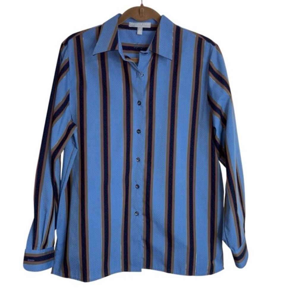Foxcroft Women's Striped Blue Button Front Shirt 12